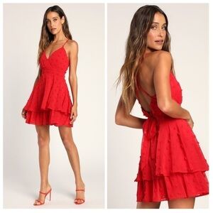 LULU’S Just One Twirl Red Polka Dot Tiered Mini Skater Dress